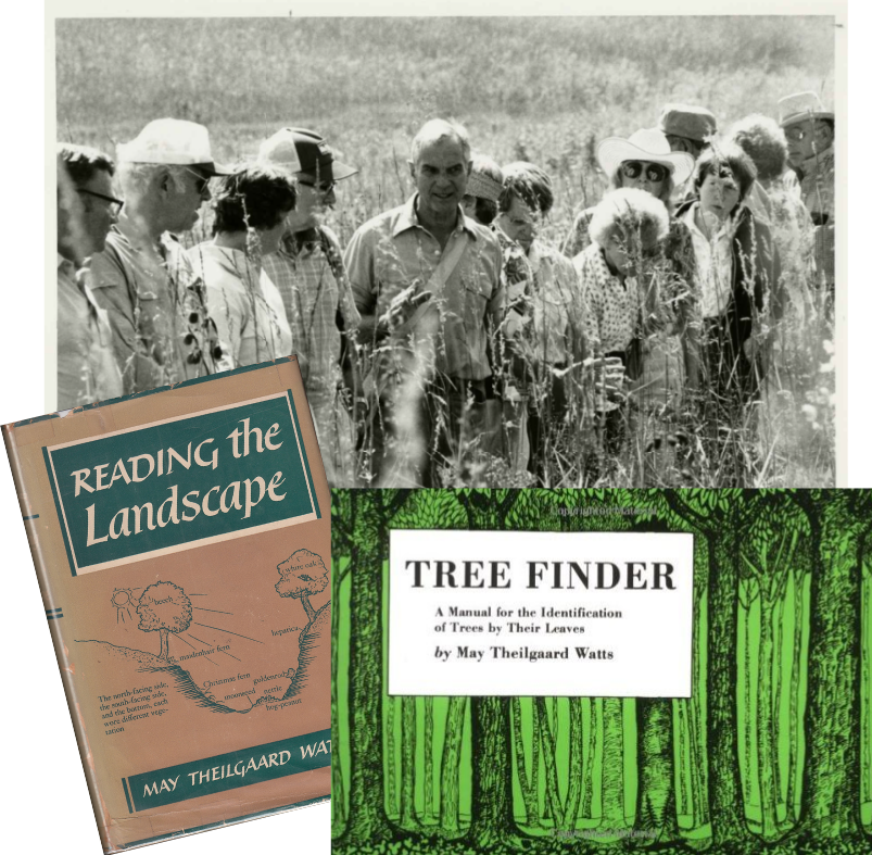 Three images. One is a photograph of Ray Schulenberg and students standing in Schulenberg Prairie. Second image is cover of book "Reading the Landscape." Third image is cover of book "Tree Finder."