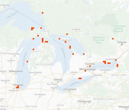 Screenshot of iNaturalist map showing Dune Willow observations around the Great Lakes